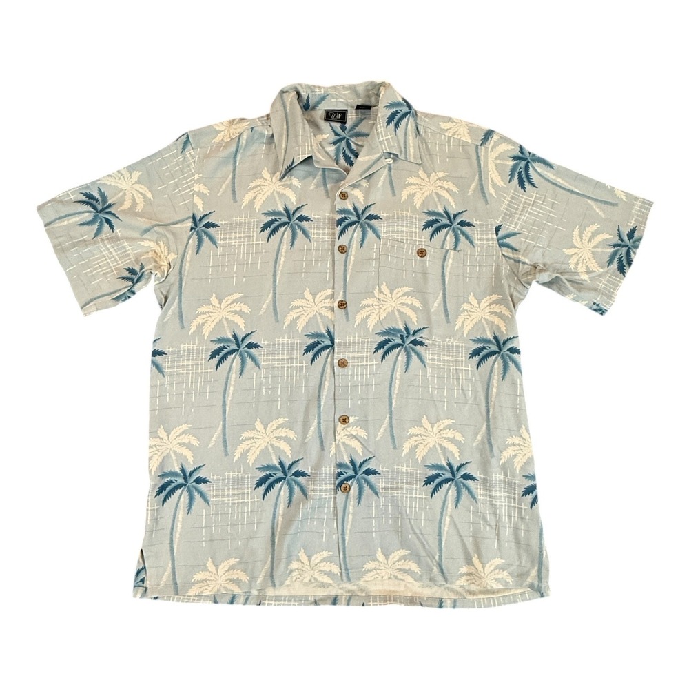 WfF Silk Palm Tree Shirt Mens Large Blue Tropical Vacation Hawaiian Cruise